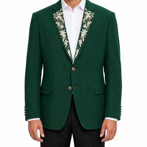 Mens 46R Green Lambswool Blazer Hand Embroidered Jeweled Lapel Wedding Tuxedo
